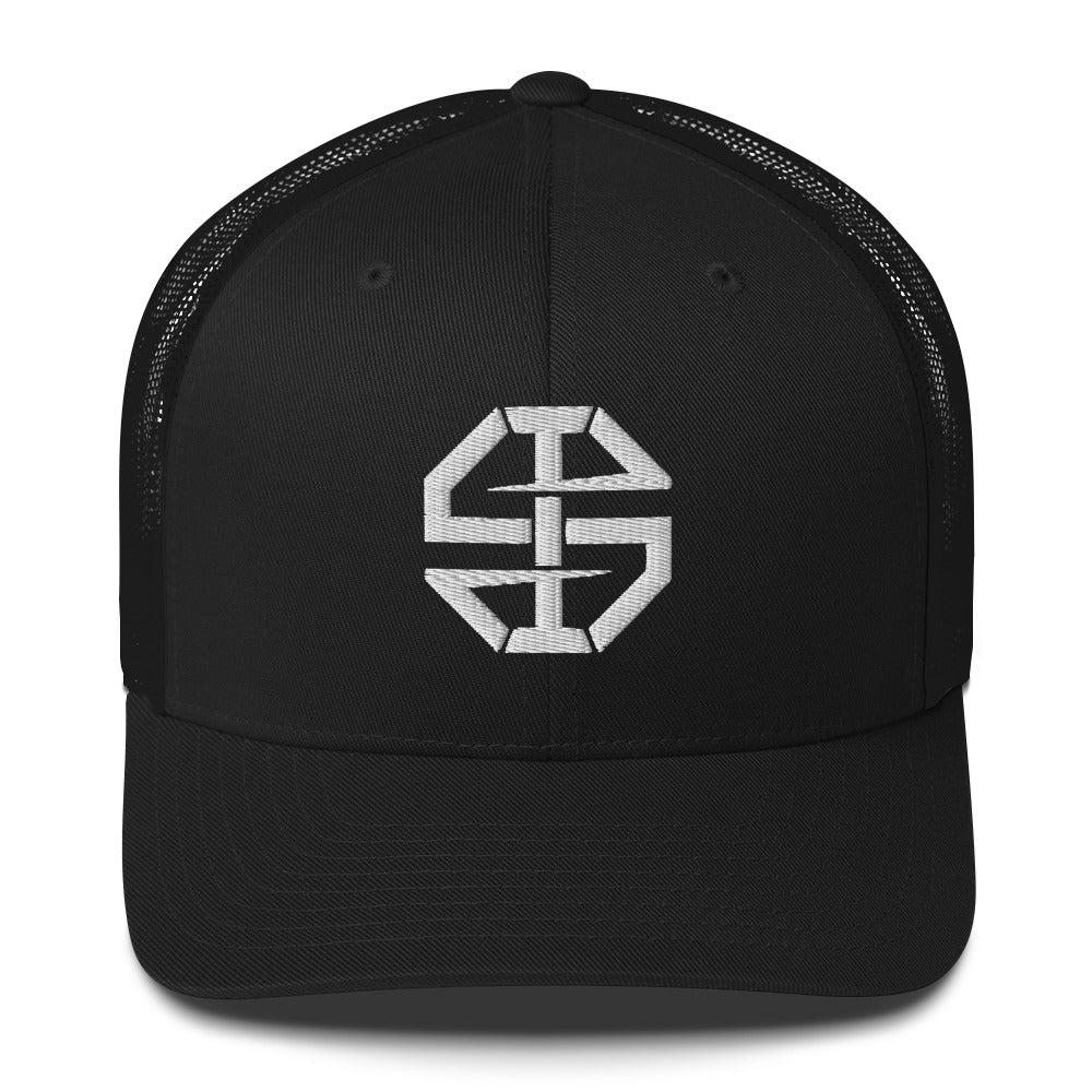 Ian Schieffelin Monogram Trucker Cap - Black With White Logo